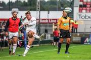 2 September 2022; Jake Flannery of Ulster kicks a conversion during the Pre-Season friendly match between Ulster and Exeter Chiefs at Kingspan Stadium in Belfast. Photo by John Dickson /Sportsfile