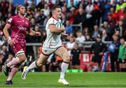 2 September 2022; Shea O'Brien of Ulster on his way to scoring a try during the Pre-Season friendly match between Ulster and Exeter Chiefs at Kingspan Stadium in Belfast. Photo by John Dickson /Sportsfile