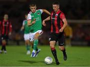 2 September 2022; Aaron Robinson of Longford Town in action against Darragh Crowley of Cork City during the SSE Airtricity League First Division match between Cork City and Longford Town at Turners Cross in Cork. Photo by Michael P Ryan/Sportsfile