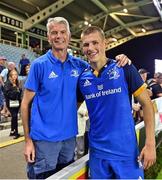 2 September 2022; Sam Prendergast of Leinster with his father Mark after the pre-season friendly match between Harlequins and Leinster at Twickenham Stoop in London, England. Photo by Brendan Moran/Sportsfile
