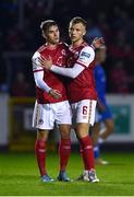 2 September 2022; Anto Breslin of St Patrick's Athletic, left, with teammate Jamie Lennon after the SSE Airtricity League Premier Division match between St Patrick's Athletic and Finn Harps at Richmond Park in Dublin. Photo by Eóin Noonan/Sportsfile