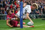 2 September 2022; Robert Lyttle of Ulster scores a try during the Pre-Season friendly match between Ulster and Exeter Chiefs at Kingspan Stadium in Belfast. Photo by John Dickson /Sportsfile