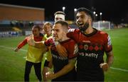 2 September 2022; Liam Burt celebrates with his Bohemians team-mate Declan McDaid, right, after scoring their side's goal during the SSE Airtricity League Premier Division match between Bohemians and Shamrock Rovers at Dalymount Park in Dublin. Photo by Stephen McCarthy/Sportsfile