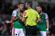 2 September 2022; Cian Coleman of Cork City remonstrates with Referee Gavin Colfer during the SSE Airtricity League First Division match between Cork City and Longford Town at Turners Cross in Cork. Photo by Michael P Ryan/Sportsfile