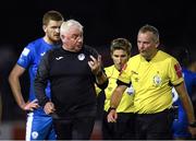 2 September 2022; Finn Harps assistant manager Gavin Dykes protests to the referee Ray Matthews after the SSE Airtricity League Premier Division match between St Patrick's Athletic and Finn Harps at Richmond Park in Dublin. Photo by Tyler Miller/Sportsfile