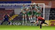 2 September 2022; Shamrock Rovers players, from left, Sean Hoare, Rory Gaffney, Lee Grace and Daniel Cleary, form a wall to block a freekick from Tyreke Wilson of Bohemians during the SSE Airtricity League Premier Division match between Bohemians and Shamrock Rovers at Dalymount Park in Dublin. Photo by Seb Daly/Sportsfile