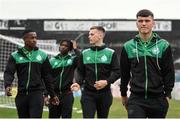 2 September 2022; Justin Ferizaj of Shamrock Rovers, right, with teammates, from left, Aidomo Emakhu, Gideon Tetteh and Andy Lyons, before the SSE Airtricity League Premier Division match between Bohemians and Shamrock Rovers at Dalymount Park in Dublin. Photo by Seb Daly/Sportsfile