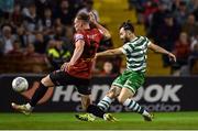 2 September 2022; Richie Towell of Shamrock Rovers in action against Ciarán Kelly of Bohemians during the SSE Airtricity League Premier Division match between Bohemians and Shamrock Rovers at Dalymount Park in Dublin. Photo by Seb Daly/Sportsfile