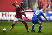 2 September 2022; Barry Cotter of St Patrick's Athletic in action against Mark Timlin of Finn Harps during the SSE Airtricity League Premier Division match between St Patrick's Athletic and Finn Harps at Richmond Park in Dublin. Photo by Tyler Miller/Sportsfile