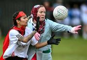 3 September 2022; Wanita Phakerood of Clann na Banna, Down, left, Aisling Boland of Navan O'Mahony's, Meath, during the Sports Direct Gaelic4Mothers&Others National Blitz day, hosted by the Naomh Mearnóg & St Sylvester’s GAA clubs in Dublin. Photo by Piaras Ó Mídheach/Sportsfile