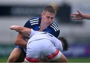 3 September 2022; Finn Treacy of Leinster is tackled by Ben McFarlane of Ulster during the U19 Age-Grade Interprovincial Series match between Leinster and Ulster at Energia Park in Dublin. Photo by Ben McShane/Sportsfile