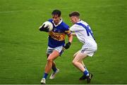 3 September 2022; Ben Galvin of Castleknock in action against Aaron Naughton of Round Towers Lusk during the Dublin County Senior Club Football Championship Group 4 match between Castleknock and Round Towers Lusk at Parnell Park in Dublin. Photo by Eóin Noonan/Sportsfile