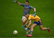 3 September 2022; Seamus Smith of Na Fianna in action against Skerries Harps goalkeeper James Casey during the Dublin County Senior Club Football Championship Group 3 match between Na Fianna and Skerries Harps at Parnell Park in Dublin. Photo by Eóin Noonan/Sportsfile