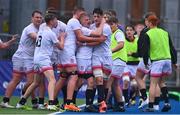 3 September 2022; Jamie Jackson of Ulster celebrates with teammates after scoring their side's first try during the U18 Schools Age-Grade Interprovincial Series match between Leinster and Ulster at Energia Park in Dublin. Photo by Ben McShane/Sportsfile