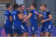3 September 2022; Todd Lawlor of Leinster, centre, celebrates with his teammates after scoring their side's fourth try during the U18 Schools Age-Grade Interprovincial Series match between Leinster and Ulster at Energia Park in Dublin. Photo by Ben McShane/Sportsfile