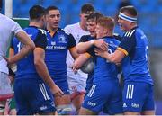 3 September 2022; Tom Murtagh of Leinster, centre, celebrates with teammates after scoring their side's third try during the U18 Schools Age-Grade Interprovincial Series match between Leinster and Ulster at Energia Park in Dublin. Photo by Ben McShane/Sportsfile
