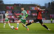 2 September 2022; Dylan Watts of Shamrock Rovers in action against Ciarán Kelly of Bohemians during the SSE Airtricity League Premier Division match between Bohemians and Shamrock Rovers at Dalymount Park in Dublin. Photo by Stephen McCarthy/Sportsfile
