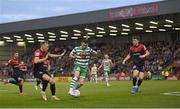 2 September 2022; Aaron Greene of Shamrock Rovers in action against Ciarán Kelly, left, and Rory Feely of Bohemians during the SSE Airtricity League Premier Division match between Bohemians and Shamrock Rovers at Dalymount Park in Dublin. Photo by Stephen McCarthy/Sportsfile
