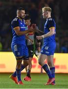 2 September 2022; Max Deegan, left, and Jamie Osborne of Leinster celebrate after the pre-season friendly match between Harlequins and Leinster at Twickenham Stoop in London, England. Photo by Brendan Moran/Sportsfile