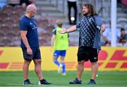 2 September 2022; Leinster forwards and scrum coach Robin McBryde, left, and Harlequins scrum coach Adam Jones before the pre-season friendly match between Harlequins and Leinster at Twickenham Stoop in London, England. Photo by Brendan Moran/Sportsfile