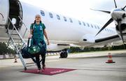 4 September 2022; Jess Ziu at Bratislava Airport upon the arrival of the team's chartered flight from Dublin for their FIFA Women's World Cup 2023 Qualifier against Slovakia, at Senec, on Tuesday next. Photo by Stephen McCarthy/Sportsfile