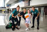 4 September 2022; Manager Vera Pauw, Leanne Kiernan, left, and captain Katie McCabe meet Republic of Ireland supporter Annie Mulholland, from Newbridge, Kildare, at Bratislava Airport upon the arrival of the team's chartered flight from Dublin for their FIFA Women's World Cup 2023 Qualifier against Slovakia, at Senec, on Tuesday next. Photo by Stephen McCarthy/Sportsfile