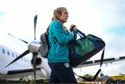 4 September 2022; Goalkeeper Grace Moloney at Bratislava Airport upon the arrival of the team's chartered flight from Dublin for their FIFA Women's World Cup 2023 Qualifier against Slovakia, at Senec, on Tuesday next. Photo by Stephen McCarthy/Sportsfile