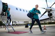 4 September 2022; Ciara Grant at Bratislava Airport upon the arrival of the team's chartered flight from Dublin for their FIFA Women's World Cup 2023 Qualifier against Slovakia, at Senec, on Tuesday next. Photo by Stephen McCarthy/Sportsfile