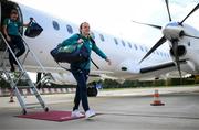 4 September 2022; Áine O'Gorman at Bratislava Airport upon the arrival of the team's chartered flight from Dublin for their FIFA Women's World Cup 2023 Qualifier against Slovakia, at Senec, on Tuesday next. Photo by Stephen McCarthy/Sportsfile