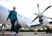 4 September 2022; Saoirse Noonan at Bratislava Airport upon the arrival of the team's chartered flight from Dublin for their FIFA Women's World Cup 2023 Qualifier against Slovakia, at Senec, on Tuesday next. Photo by Stephen McCarthy/Sportsfile