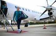 4 September 2022; Harriet Scott at Bratislava Airport upon the arrival of the team's chartered flight from Dublin for their FIFA Women's World Cup 2023 Qualifier against Slovakia, at Senec, on Tuesday next. Photo by Stephen McCarthy/Sportsfile