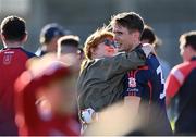 4 September 2022; Michael Fitzsimons of Cuala celebrates with supporter Bláthnaid Ní Chofaigh after their side's victory in the Dublin County Senior Club Football Championship Group 2 match between Cuala and Ballymun Kickhams at Parnell Park in Dublin. Photo by Piaras Ó Mídheach/Sportsfile