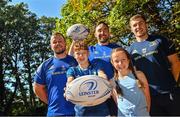 5 September 2022; Leinster Rugby have this morning announced Children in Hospital Ireland as its next charity affiliate for the 2021/22 season. Children in Hospital Ireland was nominated as part of the ongoing charity affiliate programme following consultation with Leinster Rugby players, supporters and sponsors. Through their team of over 500 volunteers, Children in Hospital Ireland try to make hospitals a happier place for children through play and advocacy. In attendance at the Leinster Rugby and Children in Hospital Ireland charity announcement at the Leinster Rugby Headquarters in Dublin are, back row, from left, Ed Byrne, Jack Conan and Luke McGrath, with 12-year-old Luke Gavin and nine-year-old Freya Gavin. For further information please check out www.childreninhospital.ie or www.leinsterrugby.ie . Photo by Brendan Moran/Sportsfile