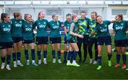 5 September 2022; Denise O'Sullivan with team-mates, from left, Chloe Mustaki, Hayley Nolan, Izzy Atkinson, Aoibheann Clancy, Lily Agg, Ciara Grant, Megan Walsh, Grace Moloney, Katie McCabe and Ellen Molloy during a Republic of Ireland Women training session at National Training Centre in Senec, Slovakia. Photo by Stephen McCarthy/Sportsfile