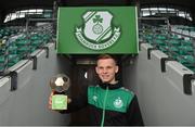 6 September 2022; Andy Lyons of Shamrock Rovers with the SSE Airtricity / SWI Player of the Month for August 2022 at Tallaght Stadium in Dublin. Photo by Ramsey Cardy/Sportsfile
