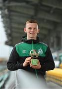 6 September 2022; Andy Lyons of Shamrock Rovers with the SSE Airtricity / SWI Player of the Month for August 2022 at Tallaght Stadium in Dublin. Photo by Ramsey Cardy/Sportsfile