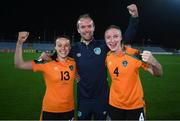 6 September 2022; Republic of Ireland players Áine O'Gorman, left, and Louise Quinn, right with Republic of Ireland video analyst Andrew Holt after the FIFA Women's World Cup 2023 Qualifier match between Slovakia and Republic of Ireland at National Training Centre in Senec, Slovakia. Photo by Stephen McCarthy/Sportsfile