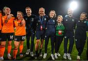 6 September 2022; Republic of Ireland players and staff, from left, Claire O'Riordan, Ellen Molloy, Republic of Ireland assistant manager Tom Elms, Republic of Ireland goalkeeping coach Jan Willem van Ede, Republic of Ireland masseuse Hannah Tobin Jones, Evelyn McMullan, FAI Team operations, Republic of Ireland video analyst Andrew Holt and Republic of Ireland Angela Kenneally after the FIFA Women's World Cup 2023 Qualifier match between Slovakia and Republic of Ireland at National Training Centre in Senec, Slovakia. Photo by Stephen McCarthy/Sportsfile