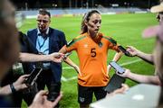 6 September 2022; Megan Campbell of Republic of Ireland speaks to journalists after the FIFA Women's World Cup 2023 Qualifier match between Slovakia and Republic of Ireland at National Training Centre in Senec, Slovakia. Photo by Stephen McCarthy/Sportsfile