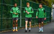 7 September 2022; Aidomo Emakhu, left, Rory Gaffney, centre, and Justin Ferizaj before a Shamrock Rovers squad training session at Roadstone Sports Club in Dublin. Photo by Seb Daly/Sportsfile