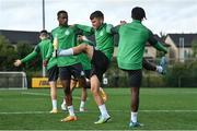 7 September 2022; Aidomo Emakhu, left, Justin Ferizaj, centre, and Gideon Tetteh during a Shamrock Rovers squad training session at Roadstone Sports Club in Dublin. Photo by Seb Daly/Sportsfile
