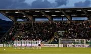 8 September 2022; Shamrock Rovers players during a minute's silence in memory of the three local children, the late Lisa Cash and her siblings, twins Christy and Chelsea Cawley, who died last weekend, before the UEFA Europa Conference League group F match between Shamrock Rovers and Djurgården at Tallaght Stadium in Dublin. Photo by Seb Daly/Sportsfile