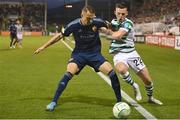 8 September 2022; Piotr Johansson of Djurgården in action against Andy Lyons of Shamrock Rovers during the UEFA Europa Conference League group F match between Shamrock Rovers and Djurgården at Tallaght Stadium in Dublin. Photo by Seb Daly/Sportsfile