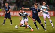 8 September 2022; Dylan Watts of Shamrock Rovers in action against Hampus Finndell of Djurgården during the UEFA Europa Conference League group F match between Shamrock Rovers and Djurgården at Tallaght Stadium in Dublin. Photo by Seb Daly/Sportsfile