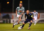 8 September 2022; Chris McCann of Shamrock Rovers in action against Magnus Eriksson of Djurgården during the UEFA Europa Conference League Group F match between Shamrock Rovers and Djurgården at Tallaght Stadium in Dublin. Photo by Eóin Noonan/Sportsfile