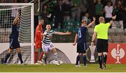 8 September 2022; Andy Lyons of Shamrock Rovers appeals to referee Ivar Orri Kristjansson for a penalty during the UEFA Europa Conference League group F match between Shamrock Rovers and Djurgården at Tallaght Stadium in Dublin. Photo by Seb Daly/Sportsfile