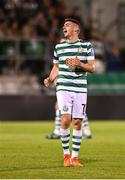 8 September 2022; Dylan Watts of Shamrock Rovers reacts during the UEFA Europa Conference League group F match between Shamrock Rovers and Djurgården at Tallaght Stadium in Dublin. Photo by Seb Daly/Sportsfile