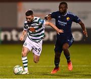 8 September 2022; Jack Byrne of Shamrock Rovers in action against Emmanuel Banda of Djurgården during the UEFA Europa Conference League Group F match between Shamrock Rovers and Djurgården at Tallaght Stadium in Dublin. Photo by Eóin Noonan/Sportsfile