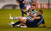 8 September 2022; Jack Byrne of Shamrock Rovers in action against Elias Andersson of Djurgården during the UEFA Europa Conference League Group F match between Shamrock Rovers and Djurgården at Tallaght Stadium in Dublin. Photo by Eóin Noonan/Sportsfile