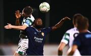8 September 2022; Jack Byrne of Shamrock Rovers in action against Emmanuel Banda of Djurgården during the UEFA Europa Conference League Group F match between Shamrock Rovers and Djurgården at Tallaght Stadium in Dublin. Photo by Eóin Noonan/Sportsfile